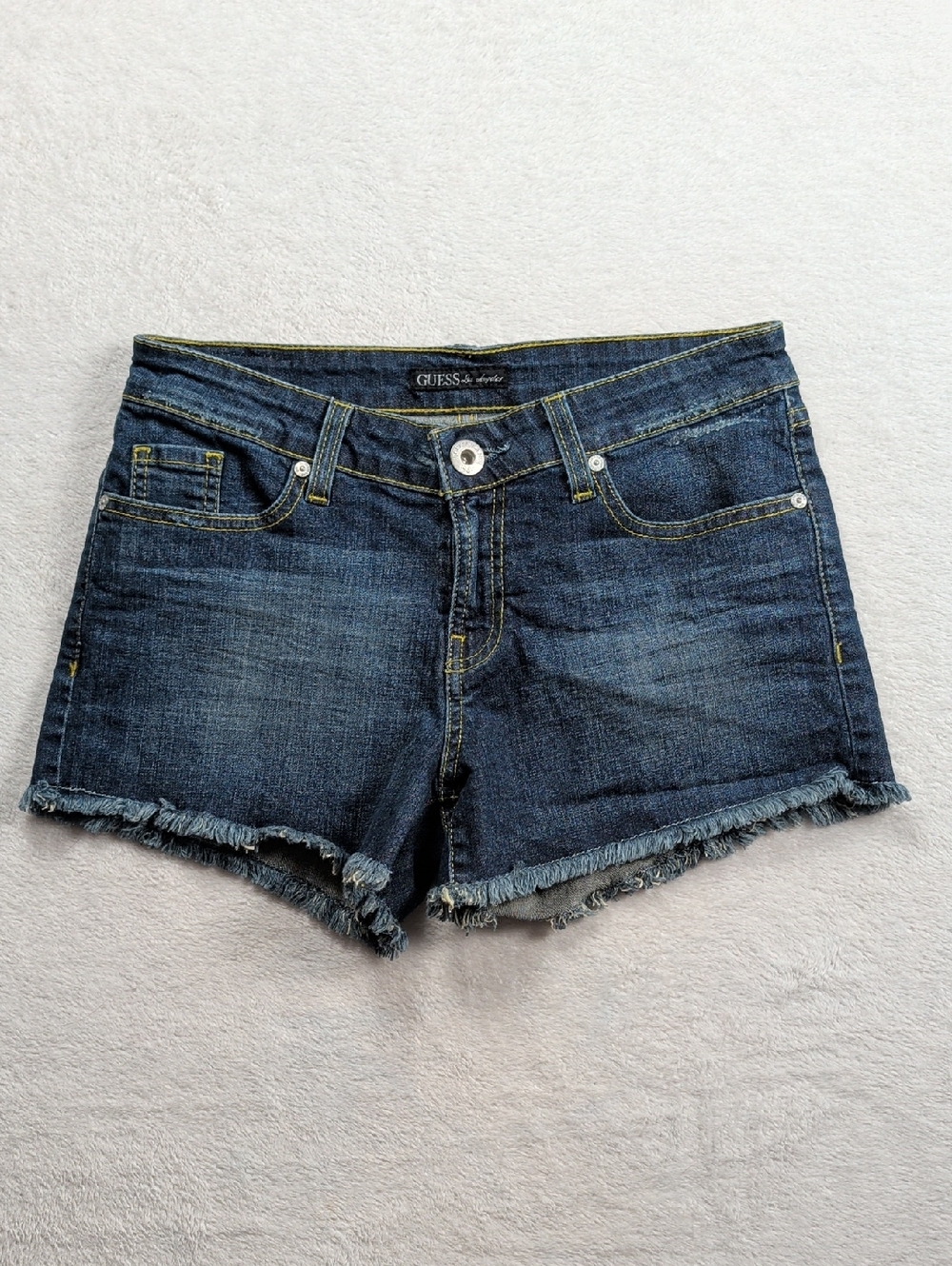 GUESS Dark Blue Denim Frayed Hem Jean Shorts, Size 28
